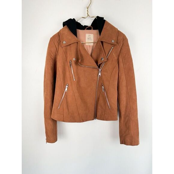 Free People We The Free Sz S Harriet Hooded Vegan Leather Moto Jacket Chocolate - Picture 2 of 10